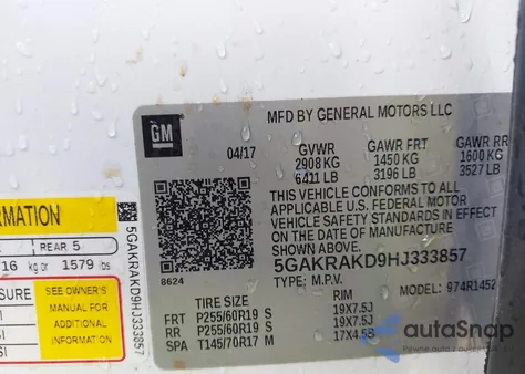 2017 Buick Enclave Convenience из США, поврежденный, VIN 5GAKRAKD9HJ333857